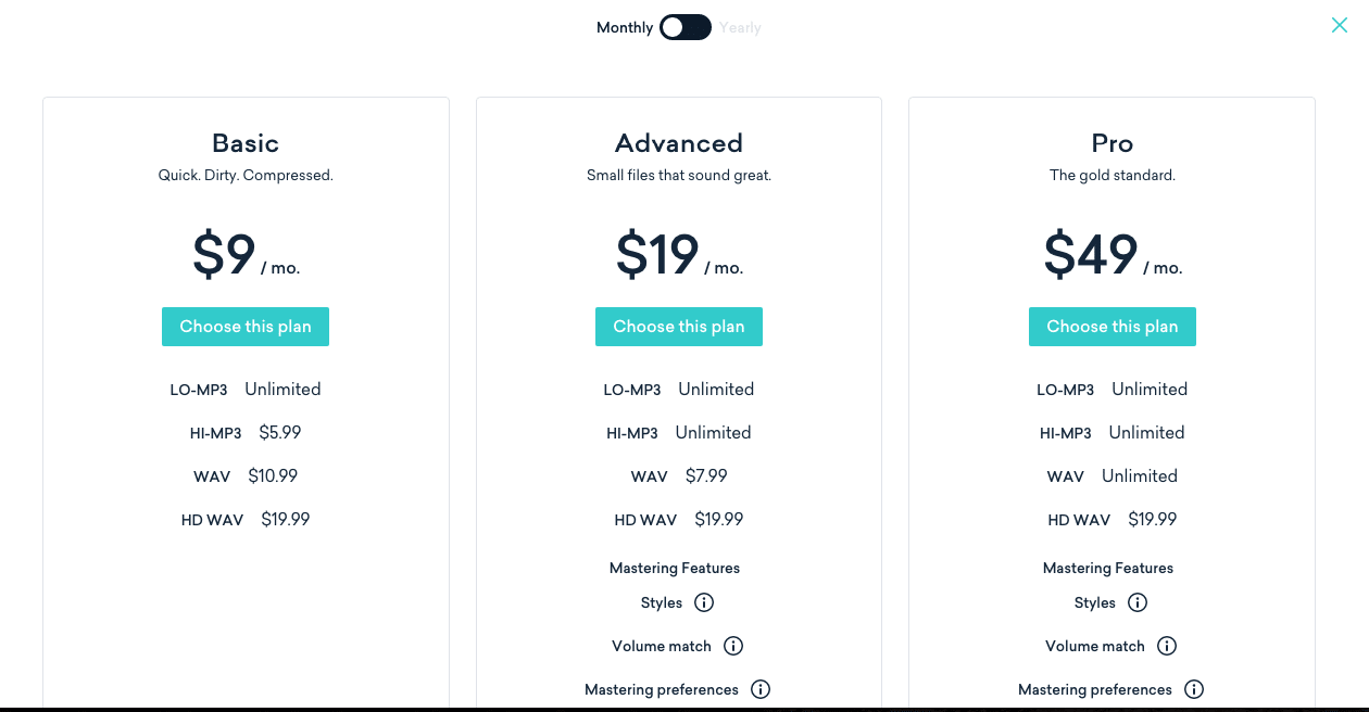 Pricing Table - Landr Mastering