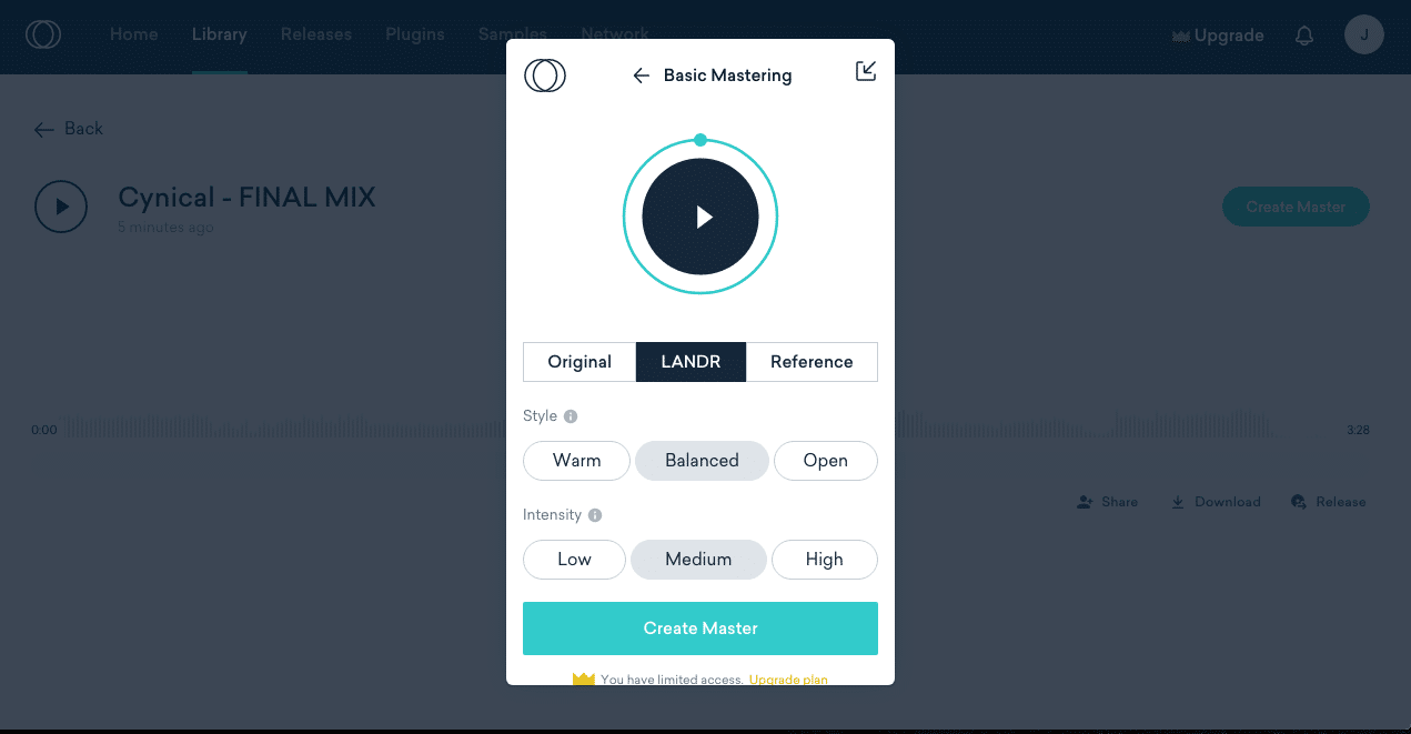 Screenshot of Landr's online mastering platform